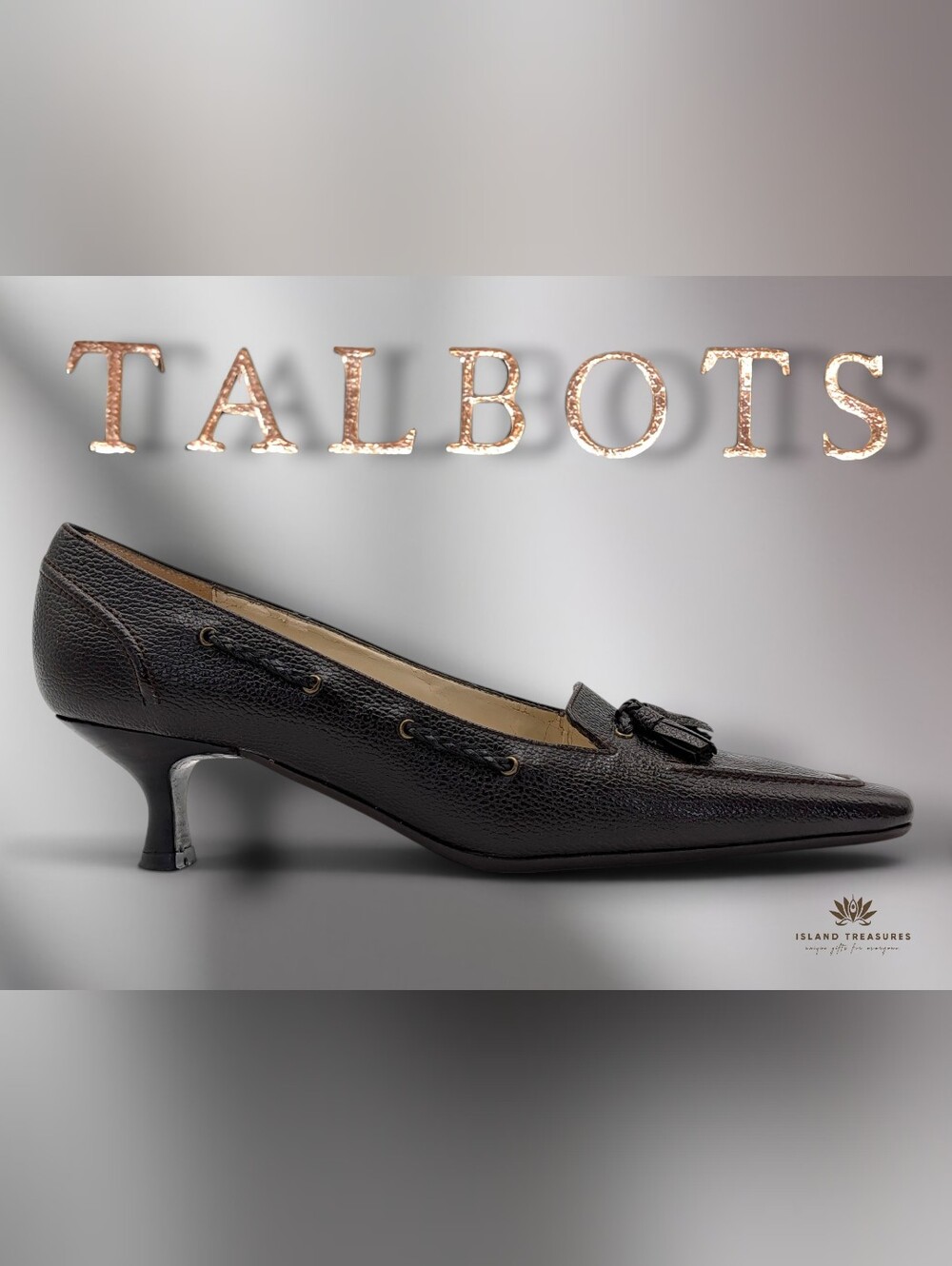 Talbots Size 8N Expresso Brown Genuine Pebbled Leather Tassel  Pump Kitten Heel